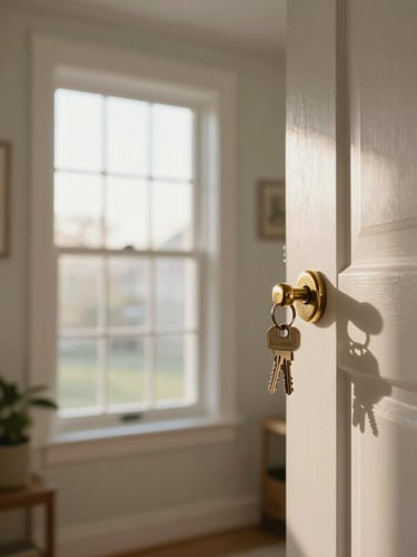 Warm editorial photography of a modern home entryway with keys in a brass lock, soft morning window light, 35mm