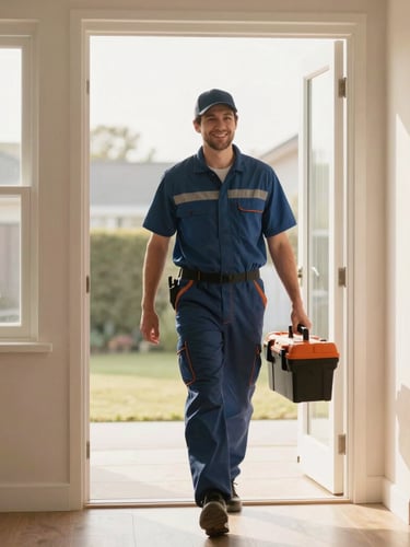 A friendly local HVAC technician in a clean uniform carrying a toolbox, walking up to a warm modern home entrance, soft morning window light, 35mm editorial photography