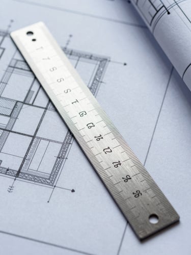 Tight top-down macro photograph of a high-end metal workspace ruler resting on a structured architectural blueprint with clean gridlines, cool overcast daylight.