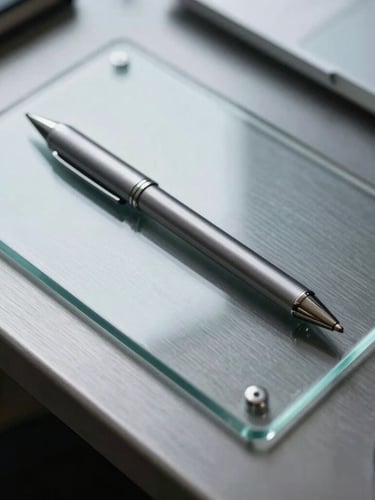A tight, top-down macro photograph of a high-end brushed steel workspace desk with a single metallic stylus resting on a clean glass surface, cool clinical lighting.