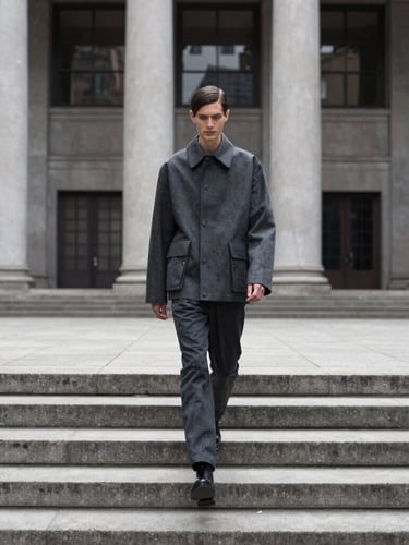 Medium-wide shot of a model walking down concrete steps of an urban plaza, wearing a structured charcoal jacket, diffused daylight, high contrast, 35mm lens, architectural backdrop.