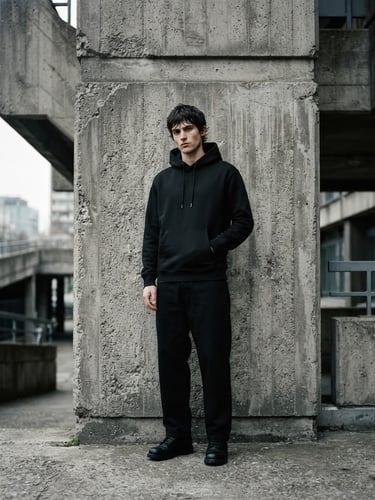 Medium-wide environmental shot of a model in a black heavyweight hoodie standing against a brutalist concrete wall, overcast daylight, sharp contrast