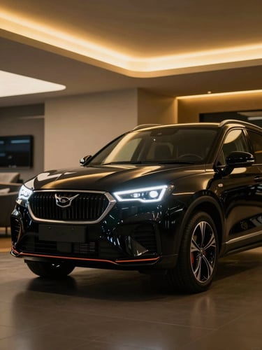 A black Mahindra Scorpio N with glowing custom LED headlights parked inside a clean, modern luxury automotive showroom with dramatic gold ambient lighting.
