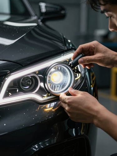Close-up of a technician's hands carefully installing a premium glowing LED projector headlight inside a dark, modern automotive workshop, cinematic ambient lighting, sharp metallic reflections