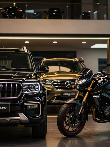 Cinematic side profile of a black Mahindra Scorpio N and a black Bajaj Pulsar NS200 parked side-by-side inside a luxury automotive showroom, low-key dramatic lighting, gold LED accents, sharp metallic reflections.