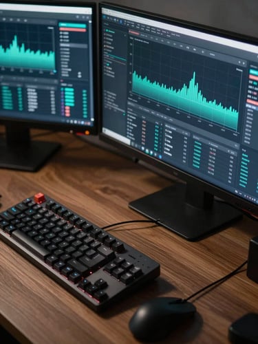 Close-up overhead of a creator's desk: two monitors displaying live stream analytics and subscriber growth charts in electric teal and white on dark UI, mechanical keyboard and mouse in sharp foreground, cool studio lighting, no faces