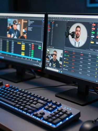 Close-up wide shot of a professional streaming studio setup — dual monitors displaying live broadcast analytics and subscriber count ticking upward, mechanical keyboard in foreground, cool blue LED ambient light, sharp high-contrast clarity, no person visible