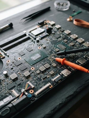 Macro shot of a disassembled laptop motherboard on an organized dark slate workbench, sharp natural light, safety orange testing leads visible, 50mm
