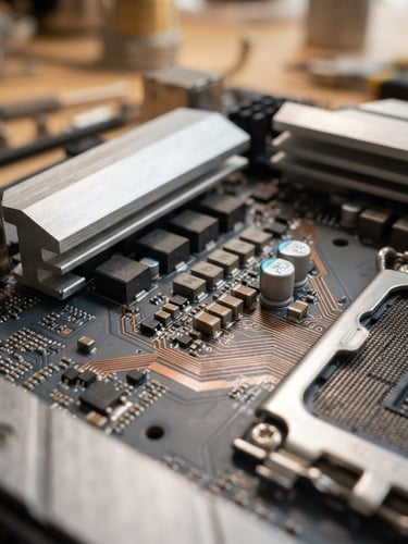 Macro shot of a high-end computer motherboard under sharp workshop lighting, detailed copper traces and capacitors on slate gray substrate, shallow depth of field, 50mm