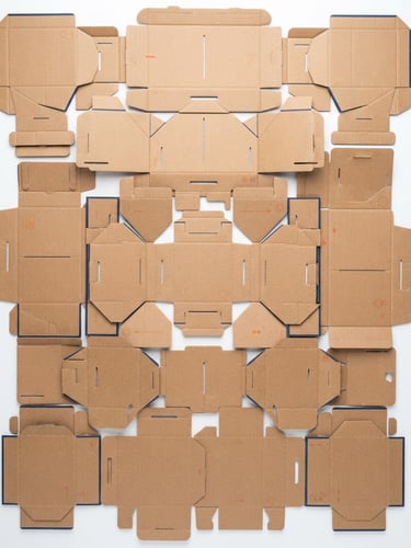 Crisp product photography of flat-laid unassembled corrugated boxes, high-key studio lighting, clean white background, geometric angles, 50mm lens