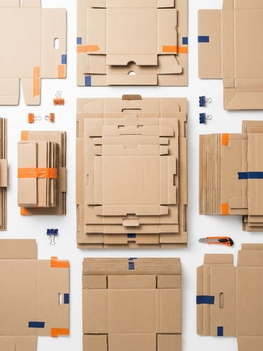 Straight-on geometric overhead flat-lay of clean unassembled double-wall corrugated cardboard boxes, bright high-key studio lighting, white background, orange accents, sharp lines