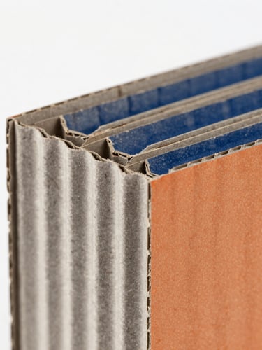 Macro close-up shot of double-wall corrugated cardboard edge fluting, showcasing the precise geometric wave structure, high-key studio lighting, clean white backdrop, 50mm lens.