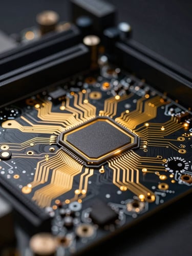 Extreme close-up of a high-end computer motherboard, gold circuits glowing under dramatic low-key studio lighting, deep black background, sharp macro details, 85mm