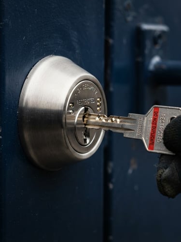 Tight focus on a high-security restricted key being inserted into a heavy-duty commercial door lock, crisp commercial photography, rich navy tones, 35mm lens.