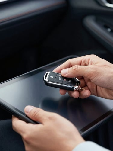 Close-up of professional hands programming a modern automotive smart key using a diagnostic tablet inside a vehicle cabin, crisp commercial photography, high contrast lighting