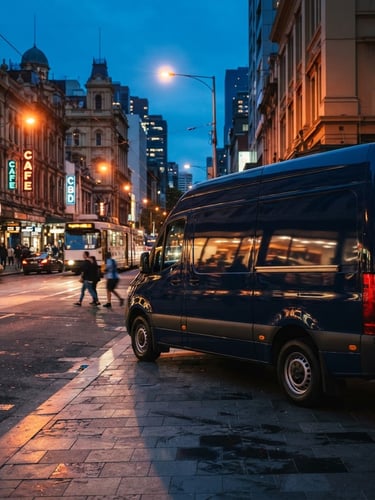 Crisp commercial photography of a clean navy blue branded van parked on a recognizable Melbourne street at dusk, warm street lighting, 35mm lens, high contrast.