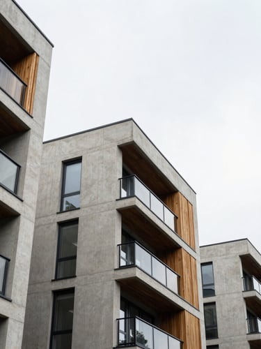 Low angle shot of a newly renovated contemporary residential development in South East London, concrete and timber details, crisp overcast sky, 35mm