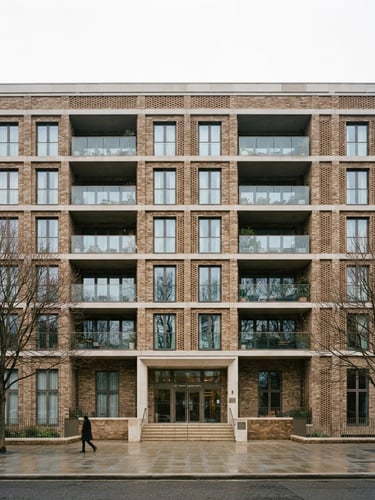 Symmetrical modern London residential brick apartment building facade under bright overcast daylight, clean architectural lines, 35mm photography