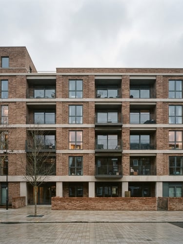 Wide-angle architectural photograph of a modern residential brick apartment building in South London, clean lines, crisp overcast daylight, desaturated cool tones, 35mm