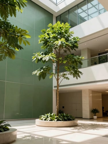 Architectural interior photography of a sunlit corporate lobby with soaring green walls and mature indoor trees, clean lines, soft natural shadows, 35mm lens