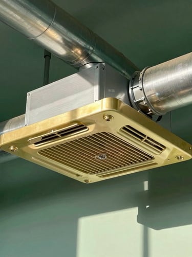 Close-up of a sleek brass and steel HVAC aroma diffusion unit integrated into clean metallic ductwork, architectural shadows, professional corporate utility room