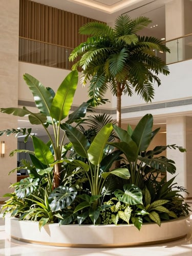 Architectural interior of a modern corporate lobby with high-end botanical installations, warm daylight casting soft shadows, deep forest green foliage, 35mm lens