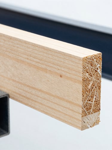 Close-up of cross-laminated timber grain of an LVL beam with sealed edges, bright high-key technical lighting, crisp industrial photography, 35mm