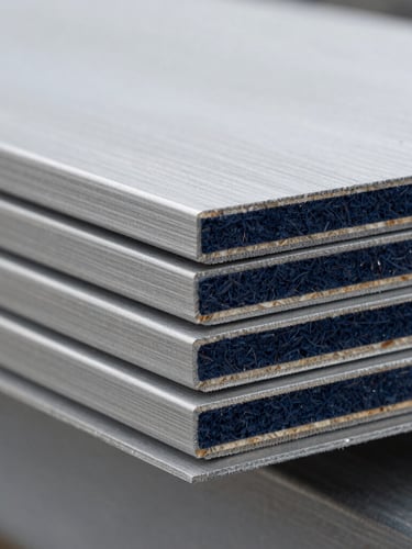 Macro close-up of cross-laminated structural timber layers and sealed edges, clean industrial lighting, high-contrast steel tones, 35mm