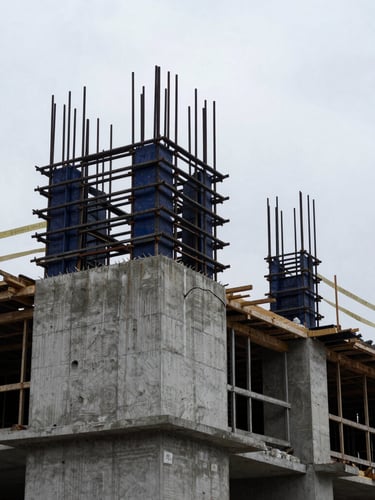 Low-angle heroic shot of an active concrete formwork installation on a major civil infrastructure site, cool overcast daylight, desaturated steel and deep navy tones, sharp architectural focus, 35mm