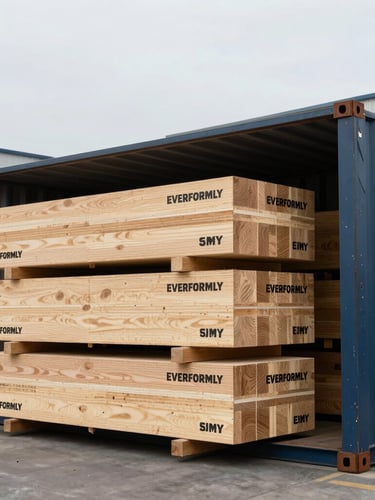 Industrial warehouse scene, clean container loading of structural plywood bundles branded with EVERFORMLY, cool high-contrast lighting, 35mm