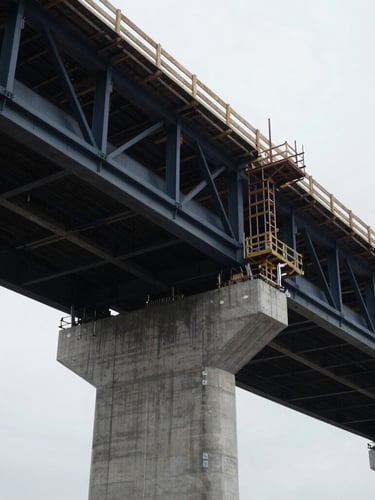 Low-angle architectural shot of a massive concrete bridge under construction with structural timber formwork visible, cool overcast daylight, desaturated steel and deep navy tones, 35mm