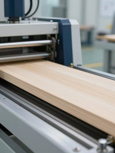 Close-up of high-tech factory stress-testing machinery measuring the load capacity of a structural timber panel, clean technical lighting, 35mm