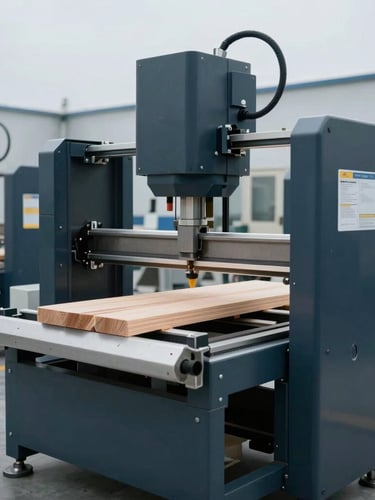High-tech factory floor featuring automated timber stress-testing machinery, calibrating structural load tolerances under cool industrial lighting.