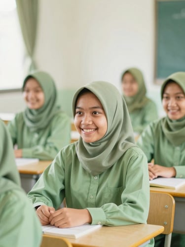 Bright editorial photography of Indonesian students in clean green uniforms smiling inside a modern Islamic classroom, soft natural daylight, shallow depth of field