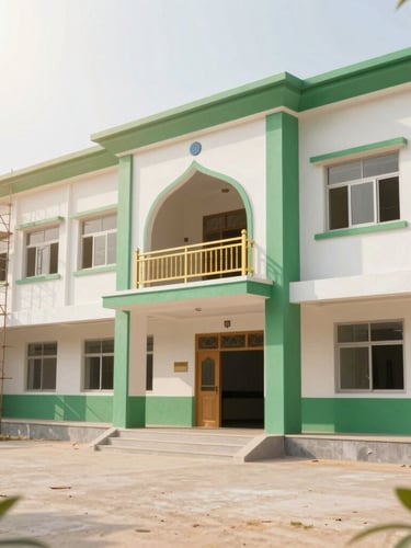 Bright editorial photography of a newly constructed Islamic boarding school building under soft sunlight, clean green accents, scaffolding visible on one side, hopeful atmosphere.