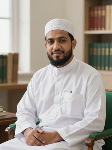 Professional portrait of an Islamic scholar in clean white and green attire, sitting in a bright airy study room with bookshelves, warm natural lighting.