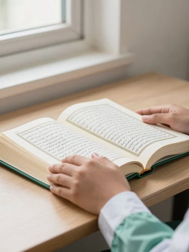 A close-up of hands of a Muslim student holding an open Quran on a wooden desk, soft natural light streaming from a window, clean green and white uniform sleeve visible, shallow depth of field, warm and peaceful atmosphere.
