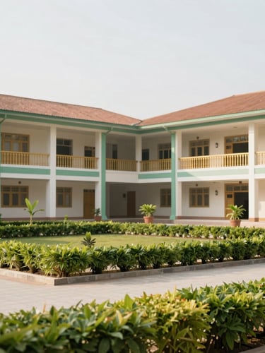 Bright editorial photography of a modern Islamic boarding school building with green gardens, soft natural daylight, wide shot.
