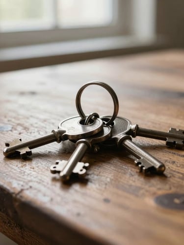 Close-up of a heavy ring of iron keys resting on a rustic oak table, soft morning light from a side window, elegant architectural texture