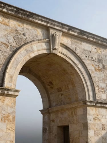 Architectural detail of a grand stone archway of a château in Nouvelle-Aquitaine, morning mist, clean lines, high-contrast natural light, editorial framing