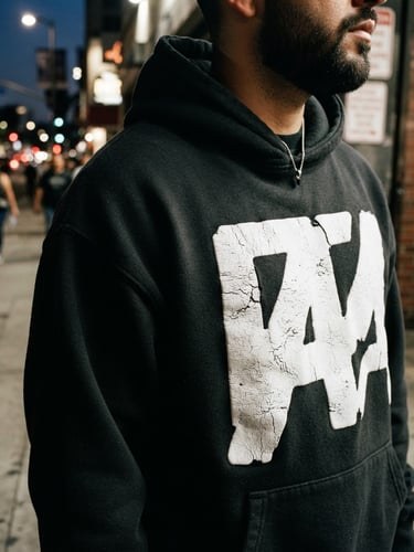 Close-up of a premium heavy cotton hoodie being worn in an urban environment, dramatic side lighting highlighting the thick tactile ink texture, 35mm photography