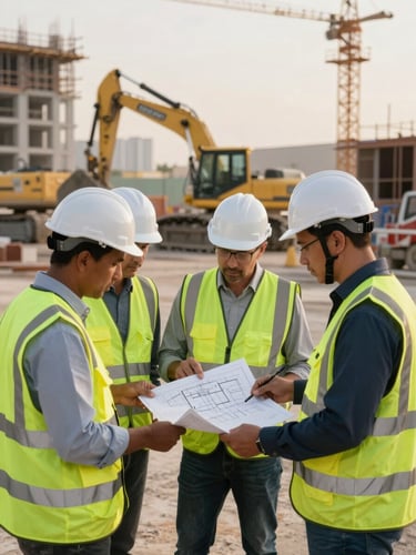 A group of civil engineers in bright safety vests and white hardhats reviewing structural blueprints on an active Abu Dhabi construction site, with heavy machinery in the soft morning background.