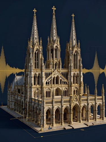 Detailed architectural blueprint of a church sanctuary overlaid with technical 3D sound wave simulation mapping, gold lines on deep navy background