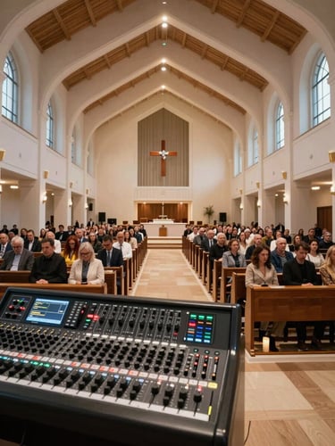 Wide environmental shot of a modern, well-lit church sanctuary with an active congregation, dramatic warm stage lighting, premium audio mixing console in the foreground, architectural precision, high-end institutional feel.