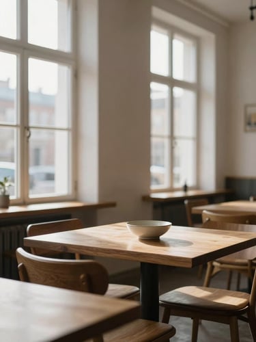 Wide portrait shot of a calm Scandinavian restaurant interior, natural morning light pouring through tall windows onto bare wooden tables, a single ceramic bowl at rest on the nearest table, soft shadows on whitewashed walls, no people, minimal and intimate
