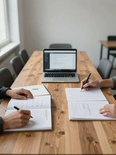 Wide shot looking down a long wooden table in a minimal agency studio, notebooks open and a laptop screen glowing softly, two pairs of hands reviewing printed content grids under diffused window light from the left, calm and unhurried atmosphere