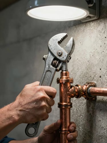Close-up of a plumber's hands gripping a pipe wrench mid-repair on a corroded copper joint, jobsite lighting from above, concrete wall visible in background, water stain on the pipe surface in sharp focus