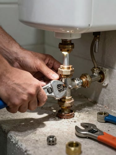 Close-up environmental shot of a plumber's hands wrench-tightening a corroded pipe joint under a water heater, jobsite work light casting hard shadows, concrete floor visible below, tools laid out to the right