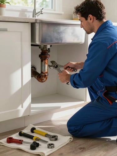Wide environmental shot inside a Garden Grove home, a plumber kneeling at a corroded pipe under a kitchen sink, wrench in hand, natural morning light from a nearby window casting across the cabinet interior, tools laid out on a drop cloth below