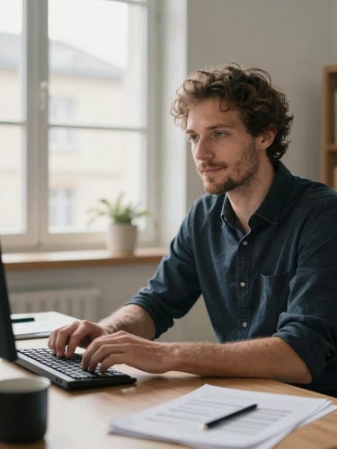Portrait chaleureux d'un créateur de sites internet dans son bureau lumineux à Orléans, lumière naturelle, ambiance professionnelle et humaine, plan moyen.